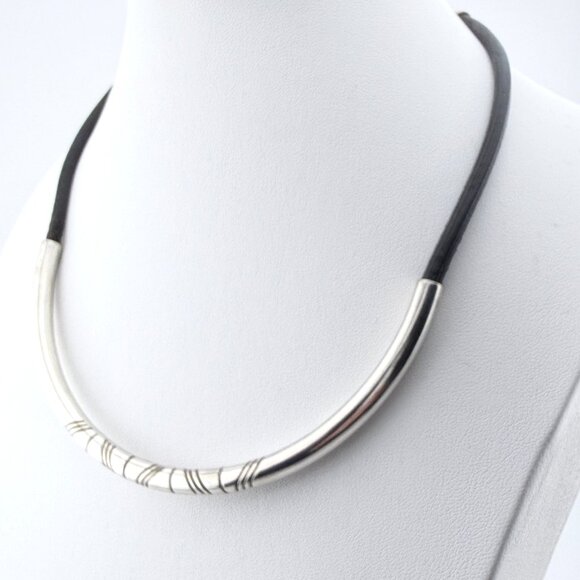 Vintage Mexican Sterling Silver Choker Necklace – Taxco Black Cord Collar - Picture 4 of 9